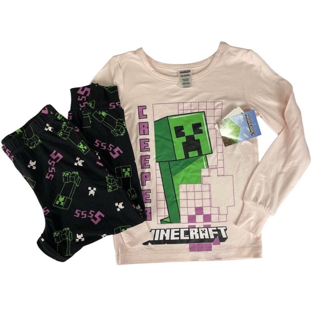 Minecraft Kids 2 Piece Creeper Pajama Set Pink & Black Size XS 4/5 NWT